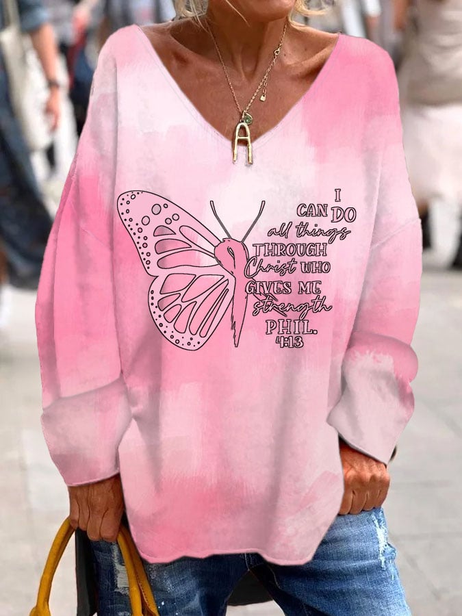 Women's I Can Do All Things Through Christ Who Strengthens Me Breast Cancer Awareness Print V-Neck T-Shirt