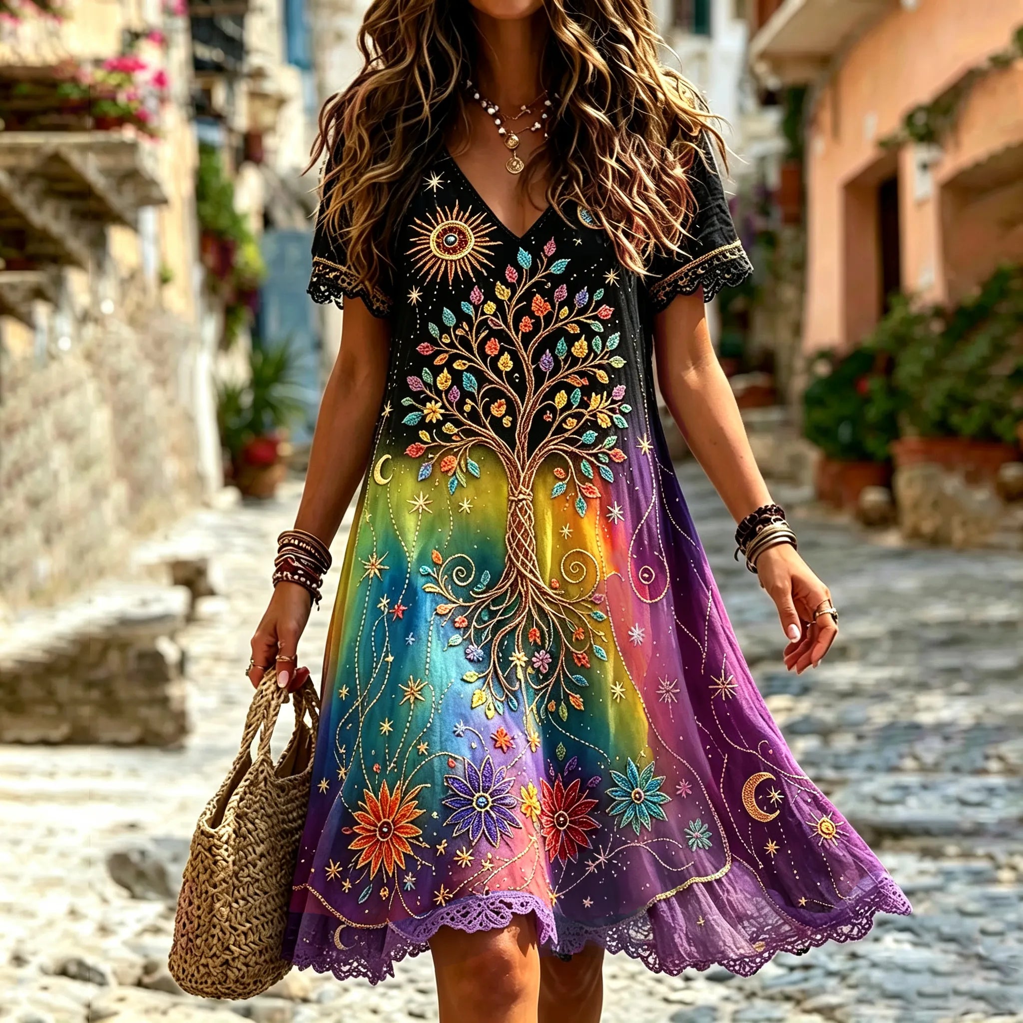 Women's Retro Hippie Tree Of Life Pattern V Neck Short Sleeve Linen Blend Midi Dress