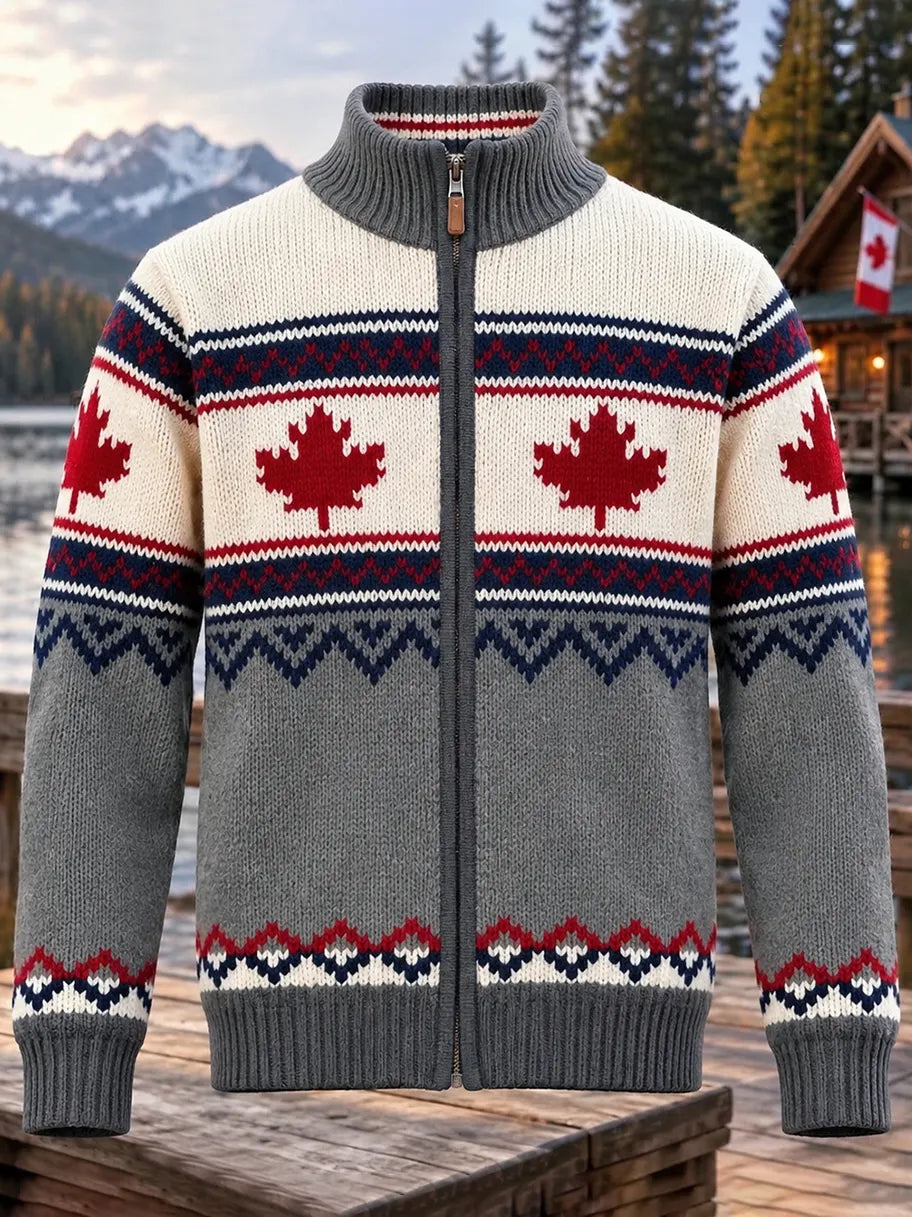 Men's Retro Style Maple Leaf Pattern Iceland Knit Cardigan
