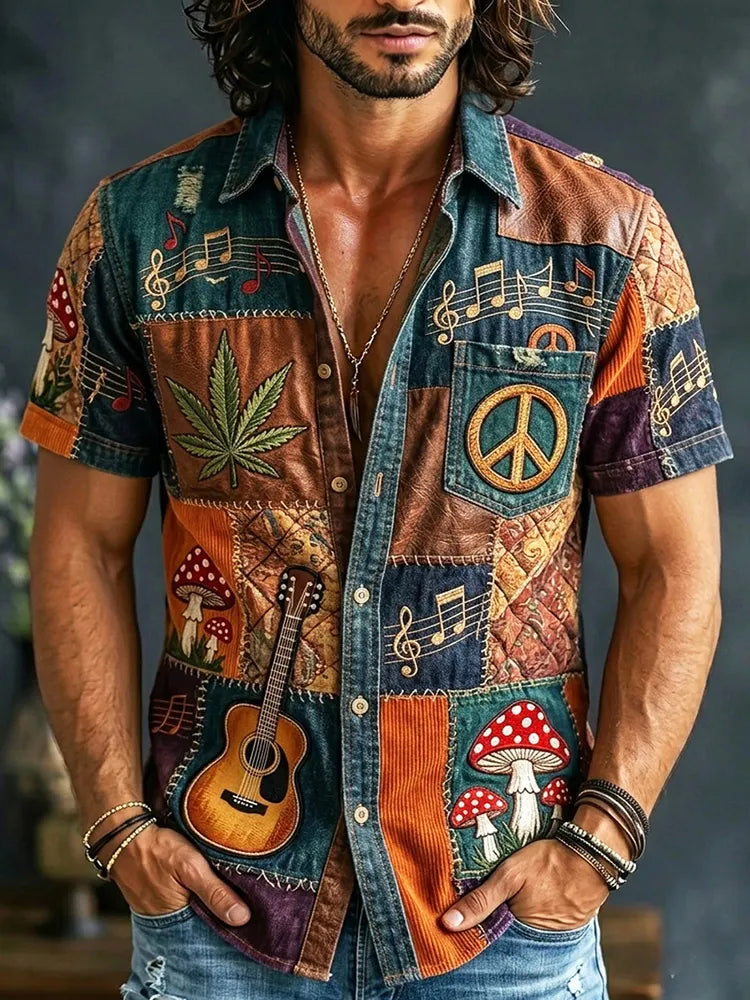 Men's Hippie Mushroom Cannabis Leaves Boho Music Guitar Patchwork Print Shirt