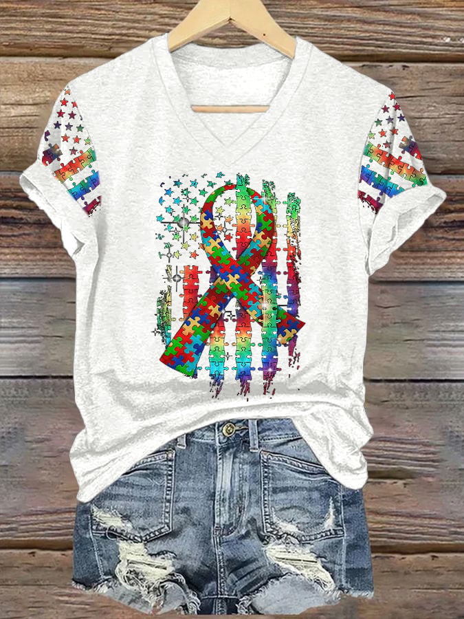 Women’s Retro Autism Awareness Colorful Puzzle Pieces Ribbon American Flag Print V-Neck T-Shirt