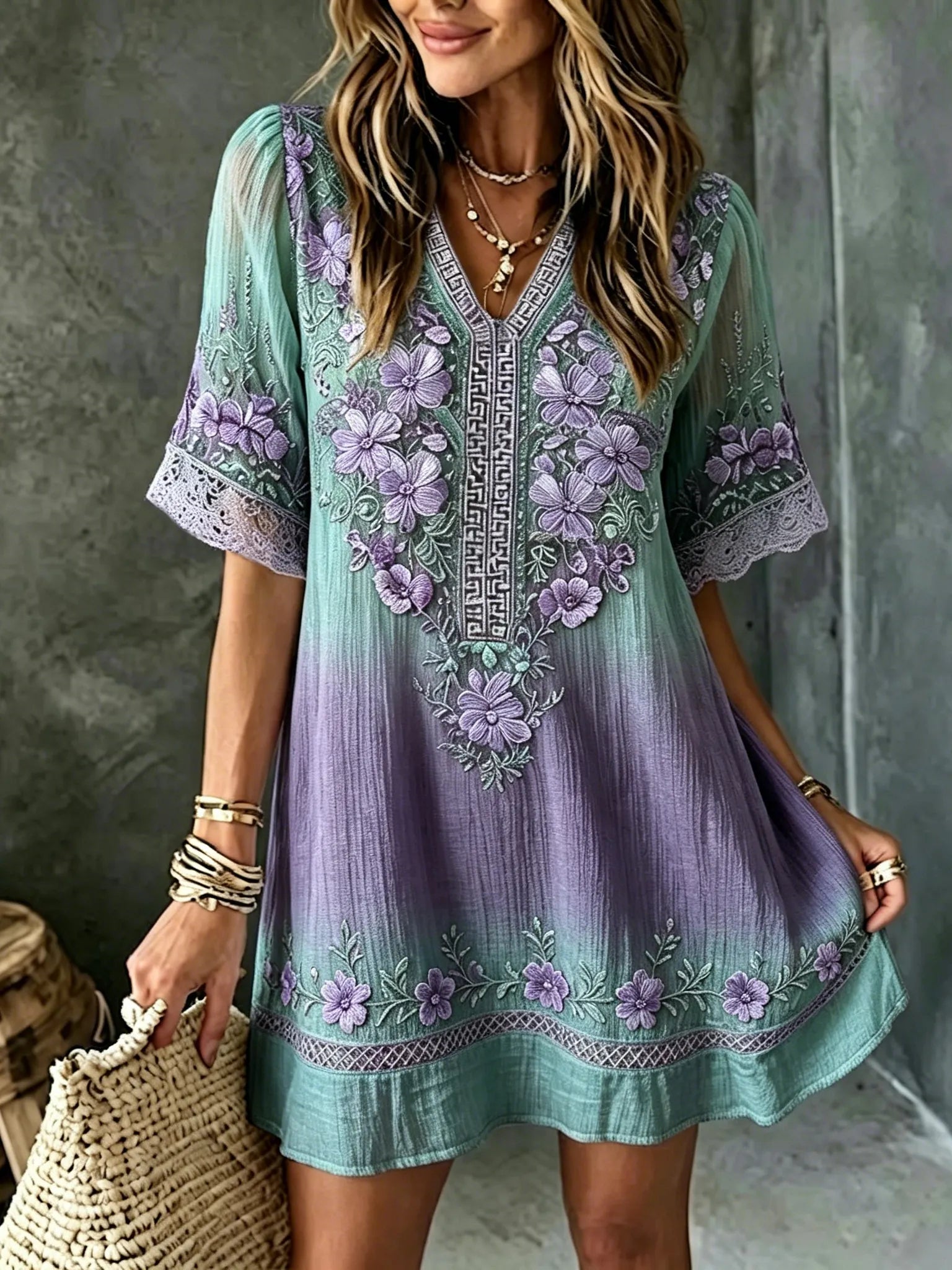 Women's Vintage Floral Art Embroidered Linen Blend V Neck Mini Dress