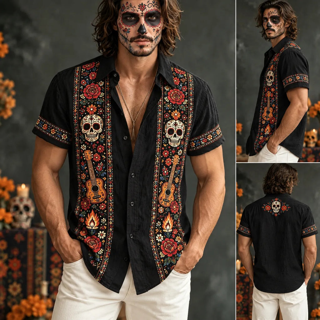 Men‘s Retro Mexico Day Of The Dead Sugar Floral Skull Printed Shirt