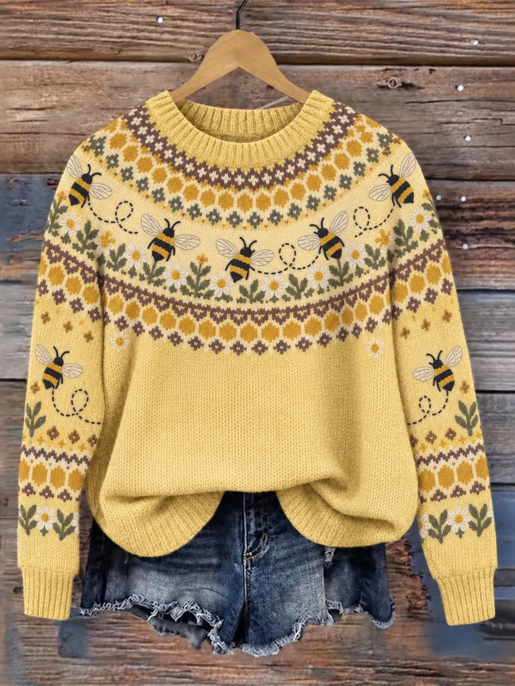 Women's Retro Cute Bee Ethnic Pattern Cozy Fair Isle Style Knit Sweater