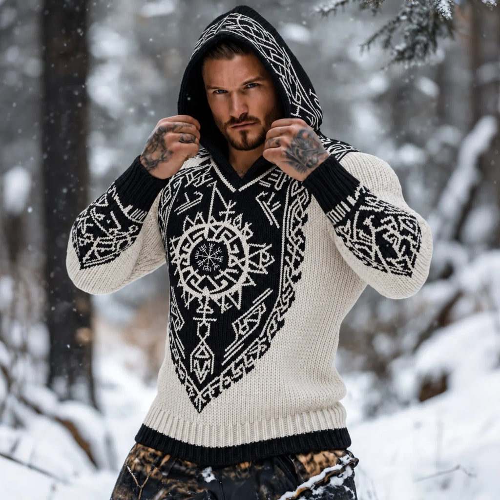 Men's Viking Tribal Celtic Inspired Printed Chunky Knit Hooded Sweater