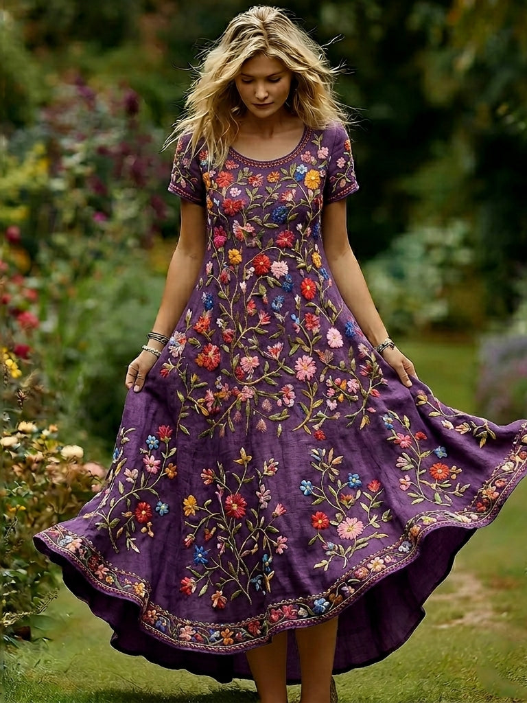 Women's Vintage Purple Rose Gradient Pattern Casual Short-sleeve Dress