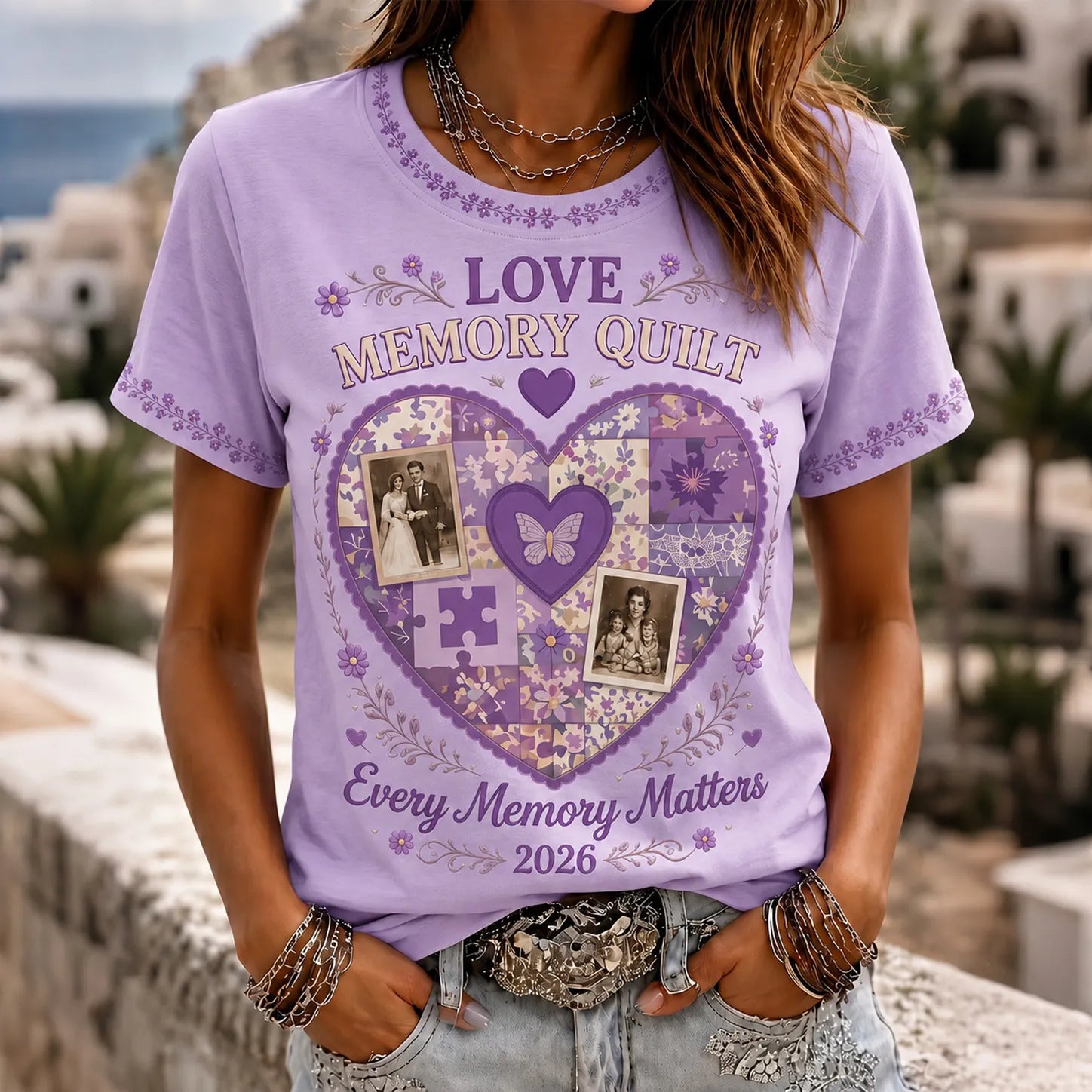 Women's Memory Quilt Love Art Pattern Alzheimer Awareness T-shirt