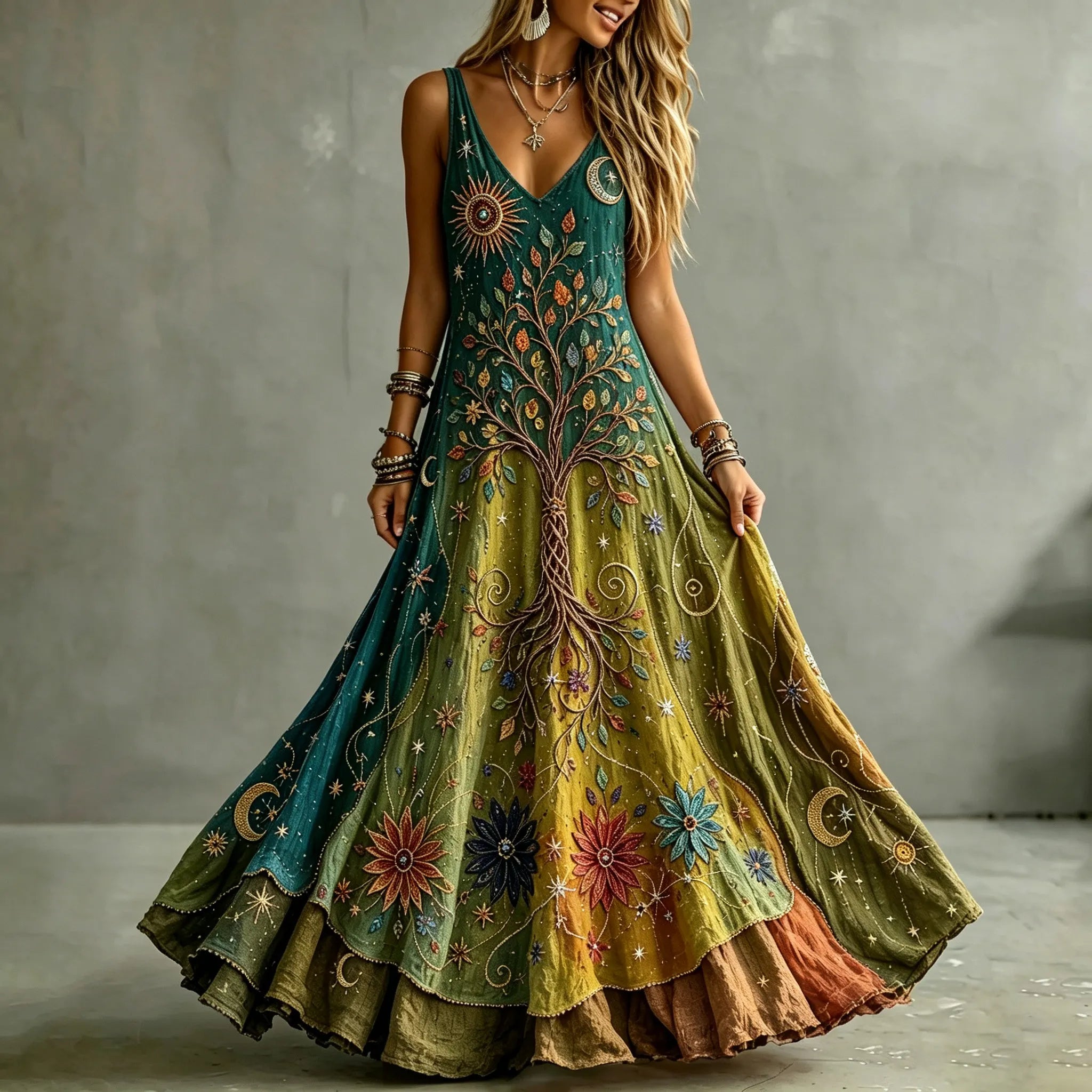 Women's Retro Sun Moon With Tree Of Life Color Gradient Art Pattern Tanks Dress
