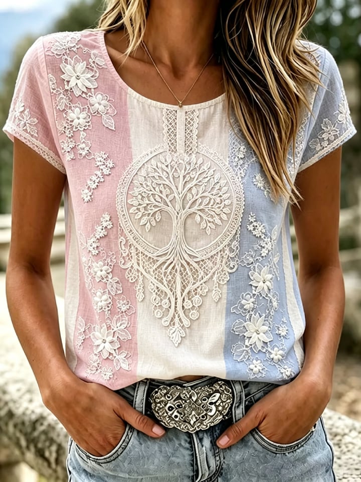 Women's Casual Retro Short-Sleeve Top with Floral Breast Cancer Awareness Print