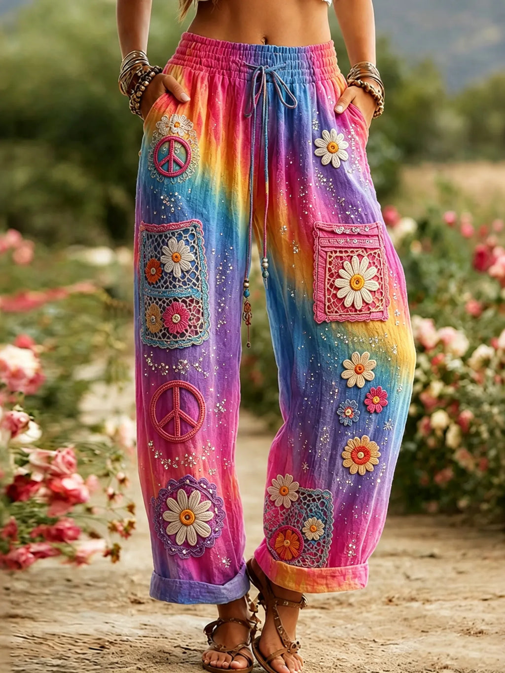 Women's Hippie Peace Symbol Embroidered Cotton Linen Casual Pants