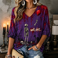 Women's Vintage Skeleton Lost Balloon Well Shit Funny Skeleton Graphic Printed Mid-length Sleeves V-neck T-shirt