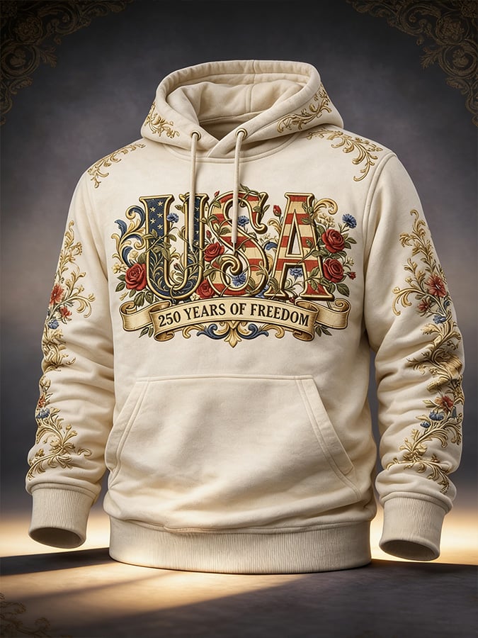 Men's Retro American 250th Anniversary Print Hooded Sweatshirt