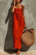 Women's Red Cotton Dress With Spaghetti Straps & Square Neck, Timeless Boho-Resort Style Dress