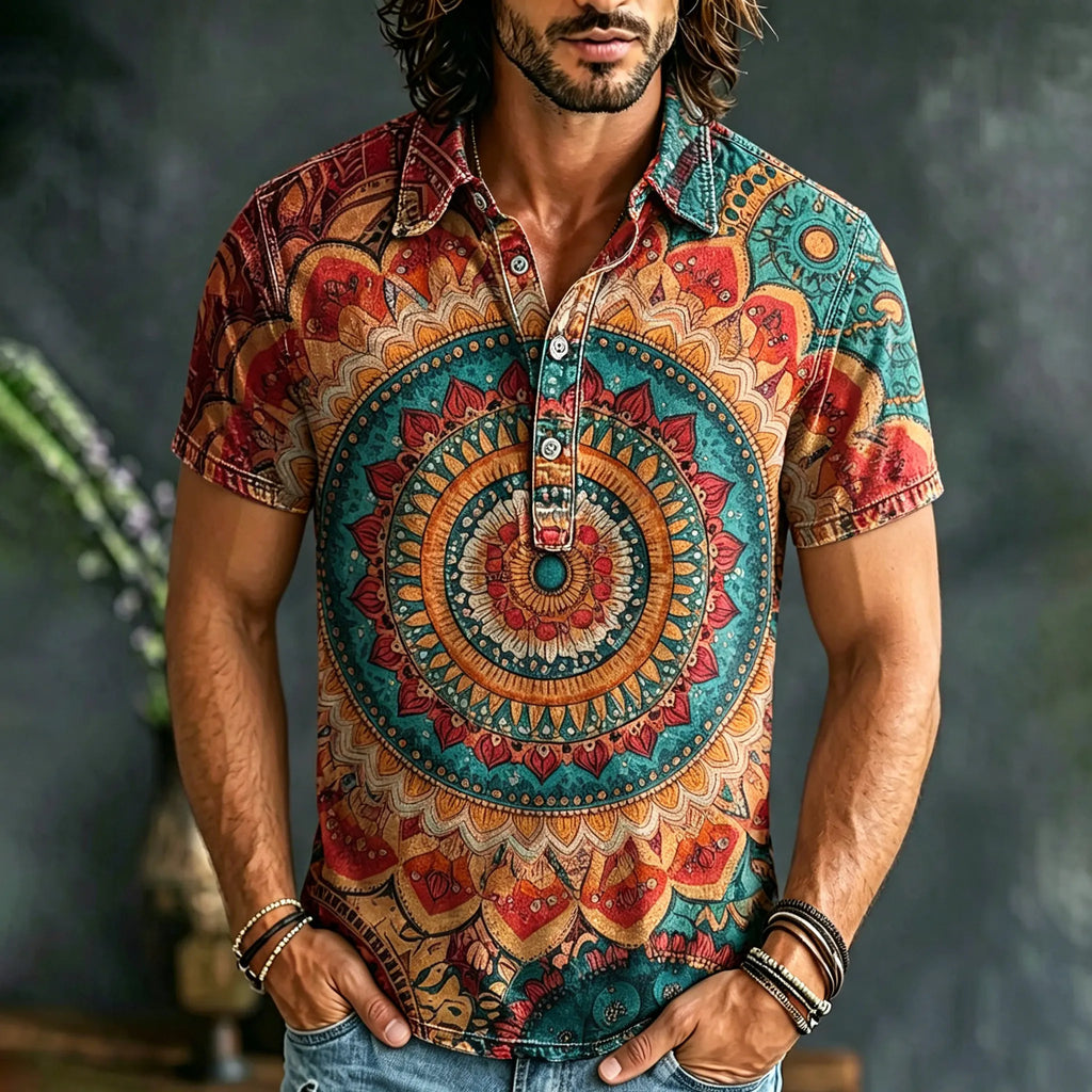 Men's Vintage Mandala Print Collared Henley Shirt