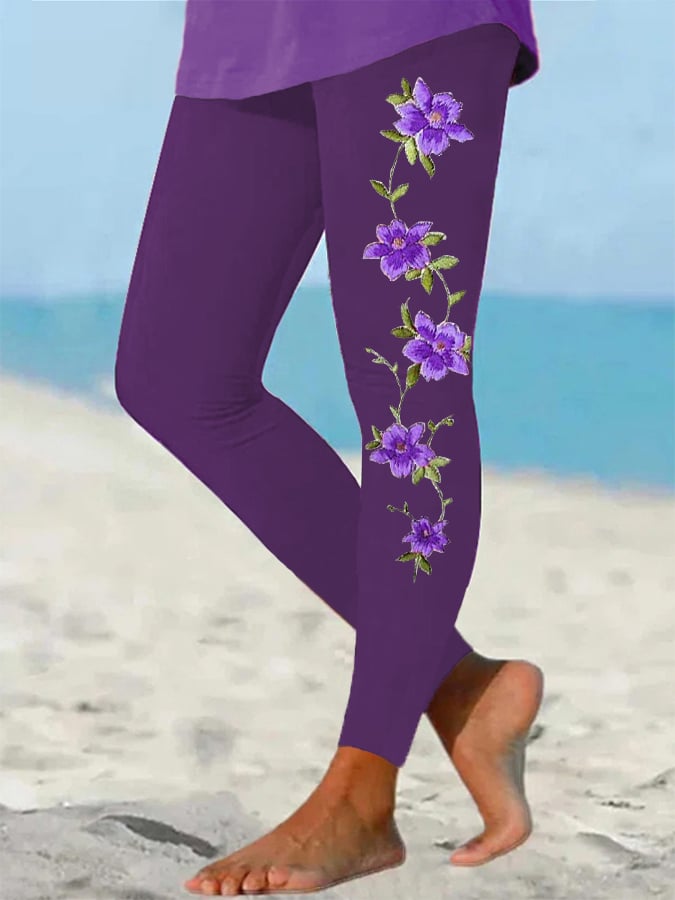Women's Purple Floral Print Leggings