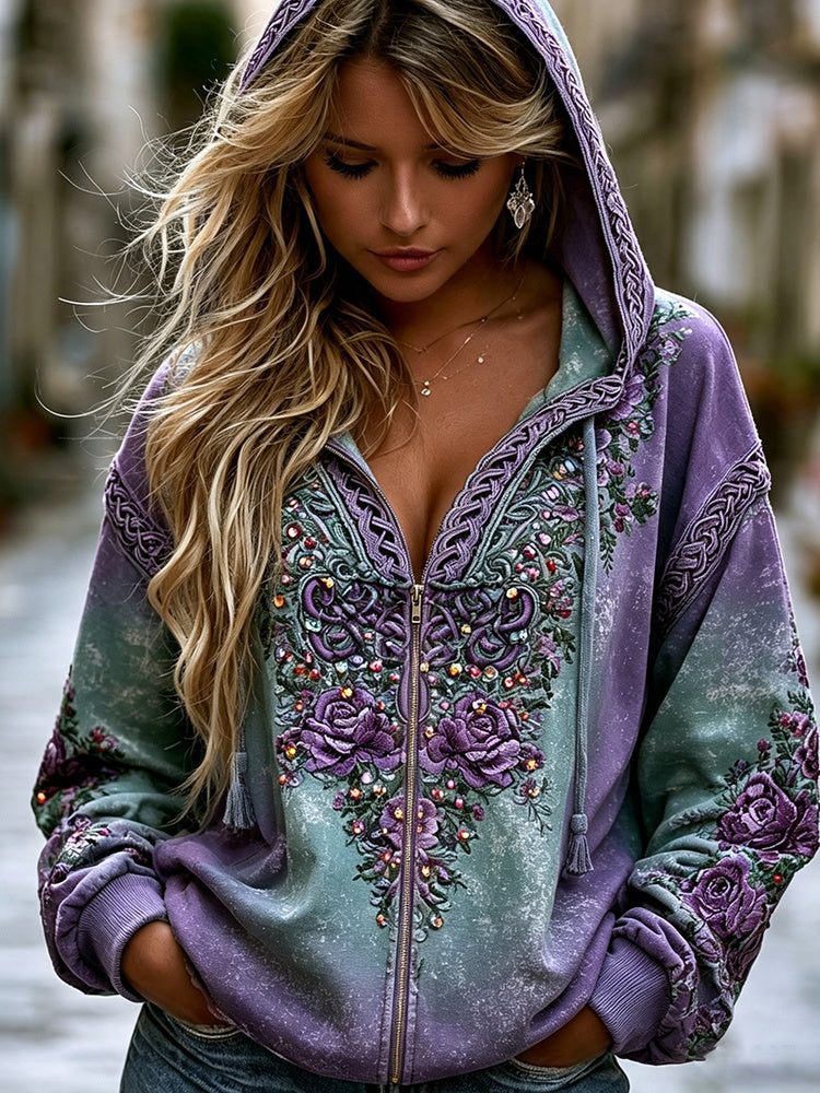 Women's Vintage Celtic Knot Floral Gradient Art Comfy Zipper Hoodie