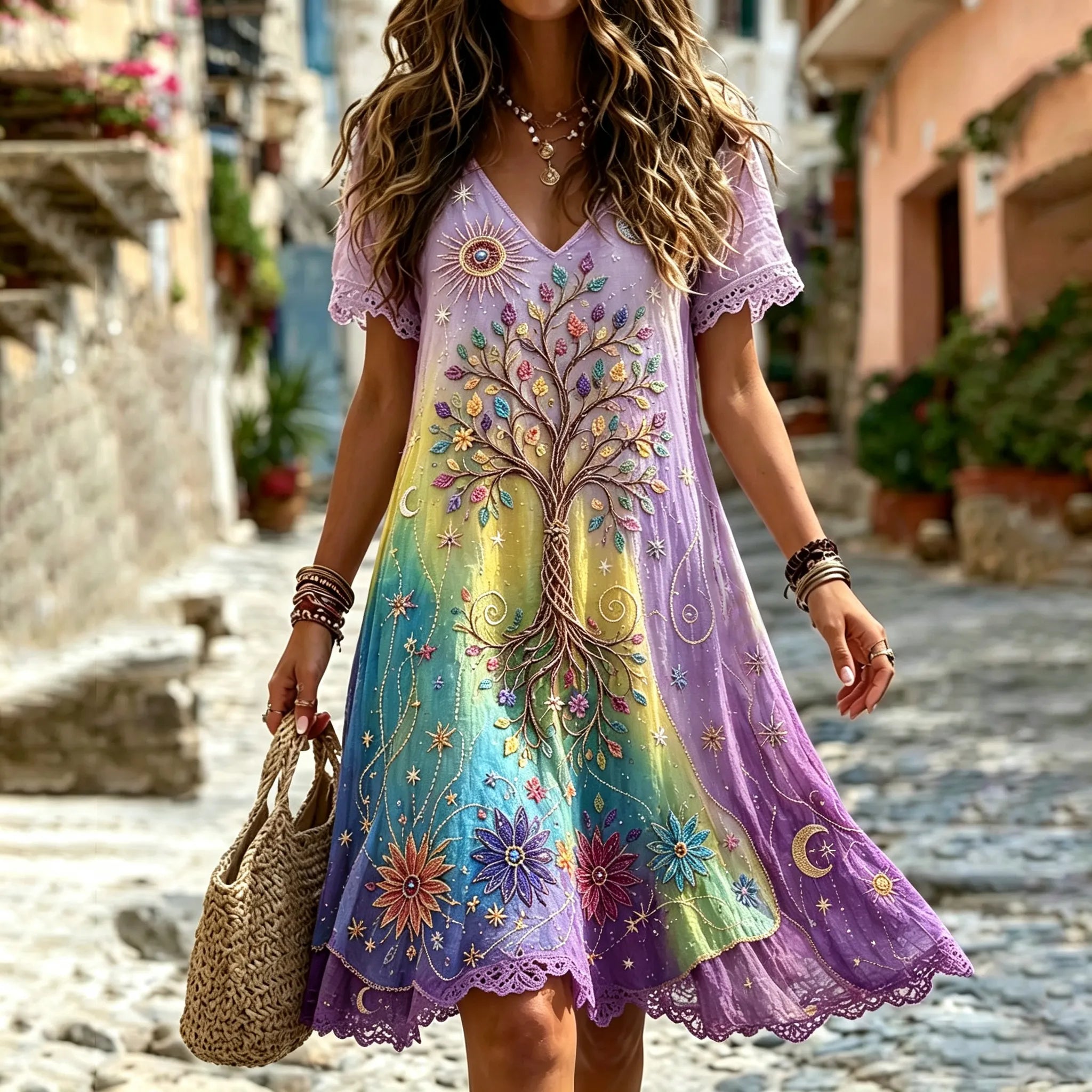 Women's Retro Hippie Tree Of Life Pattern V Neck Short Sleeve Linen Blend Midi Dress