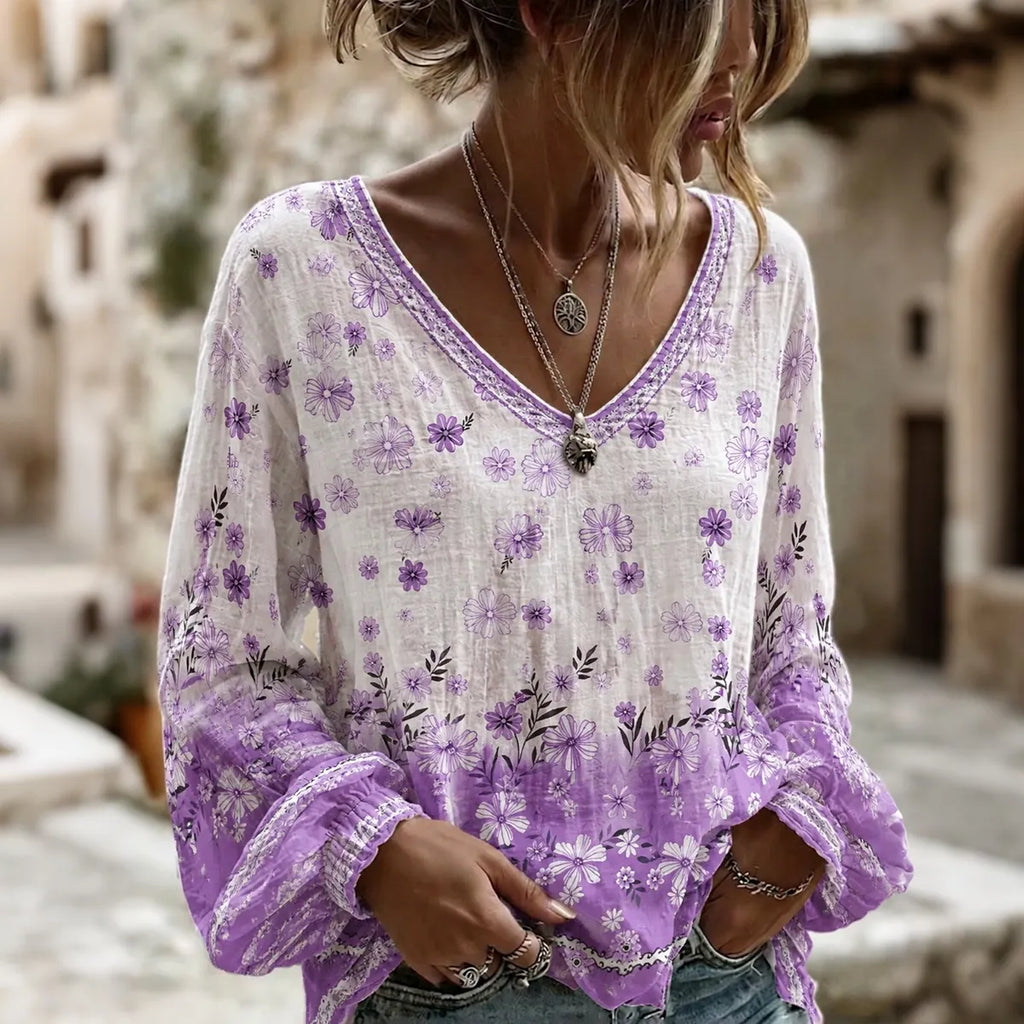 Women's Gradient Floral Print Loose Retro Round Neck Long Sleeve T-shirt