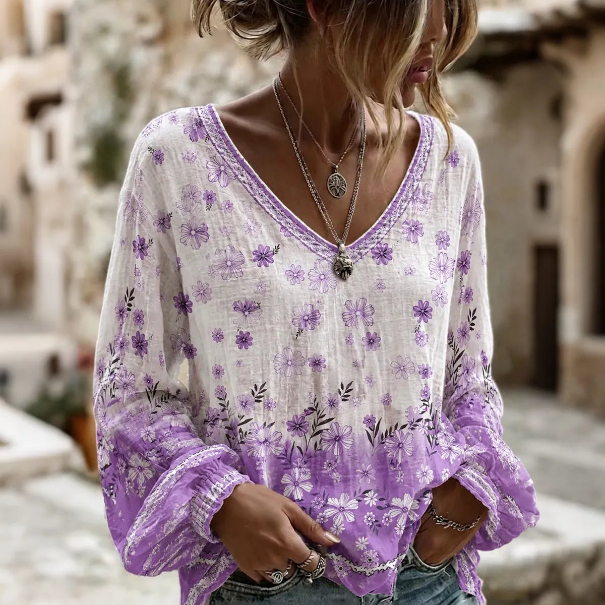 Women's Gradient Floral Print Loose Retro Round Neck Long Sleeve T-shirt
