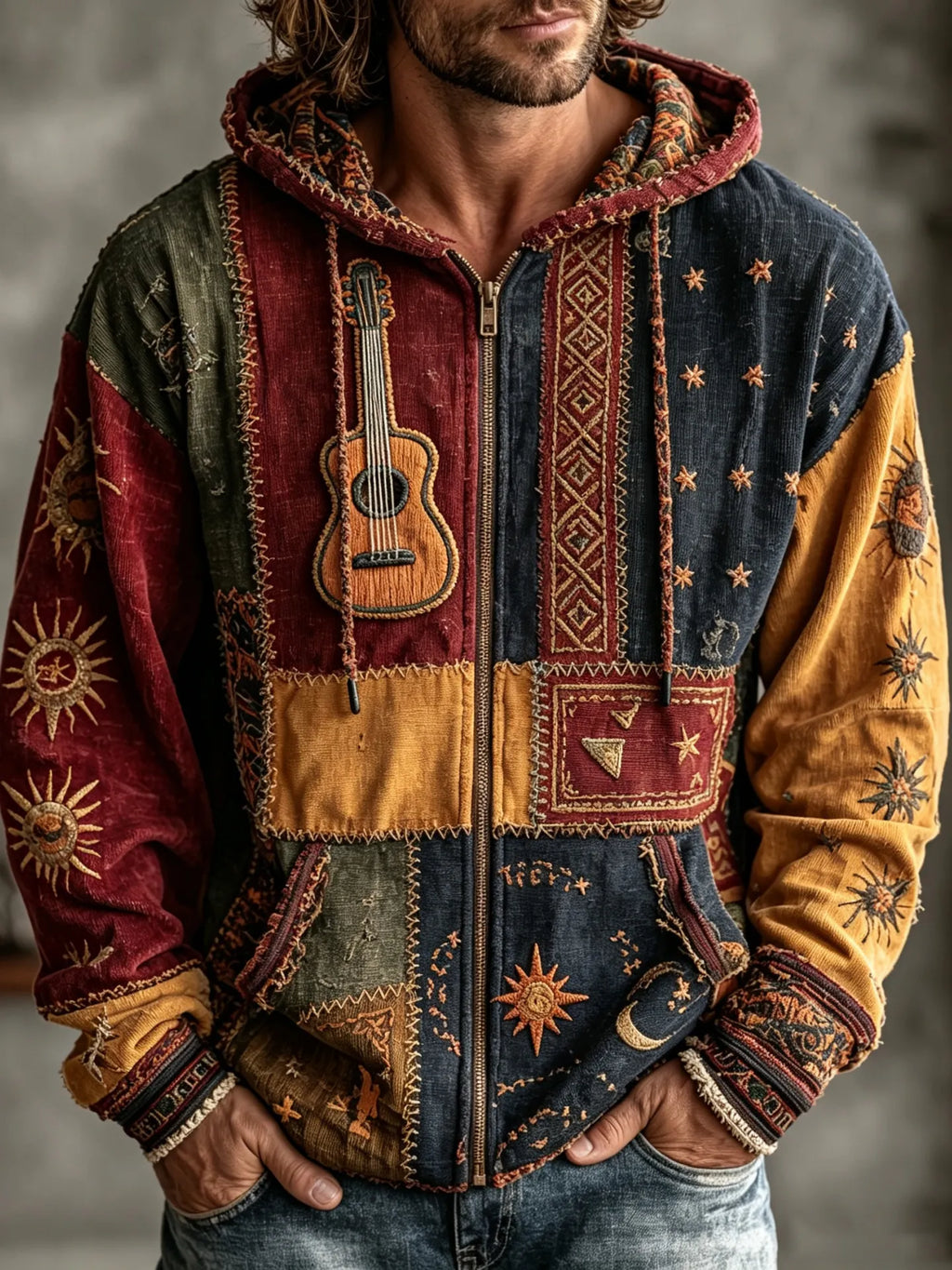 Men's Vintage Sun Moon Star Guitar Patchwork Art Cozy Warm Zipper Hoodie