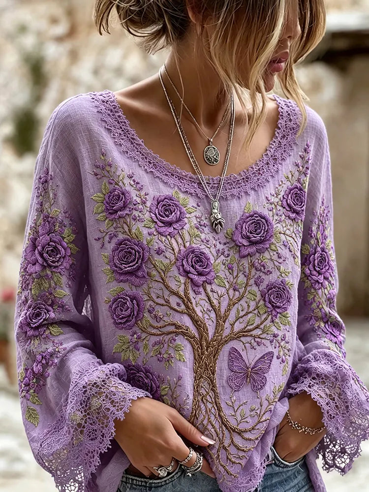 Women's Vintage Viking Tree Of Life And Rose Embroidery Long-sleeve T-shirt