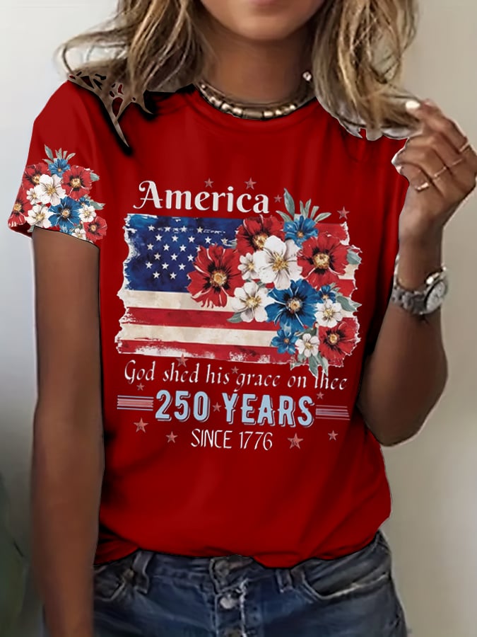 Women's 250th Anniversary National Flag Floral Print Casual T-Shirt