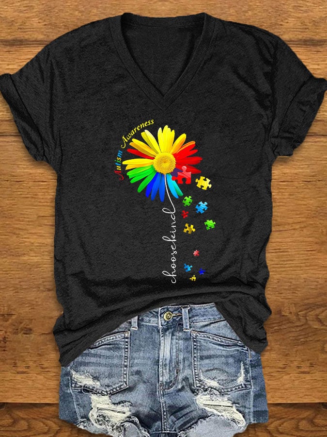 Women's Autism Awareness Floral Print T-Shirt