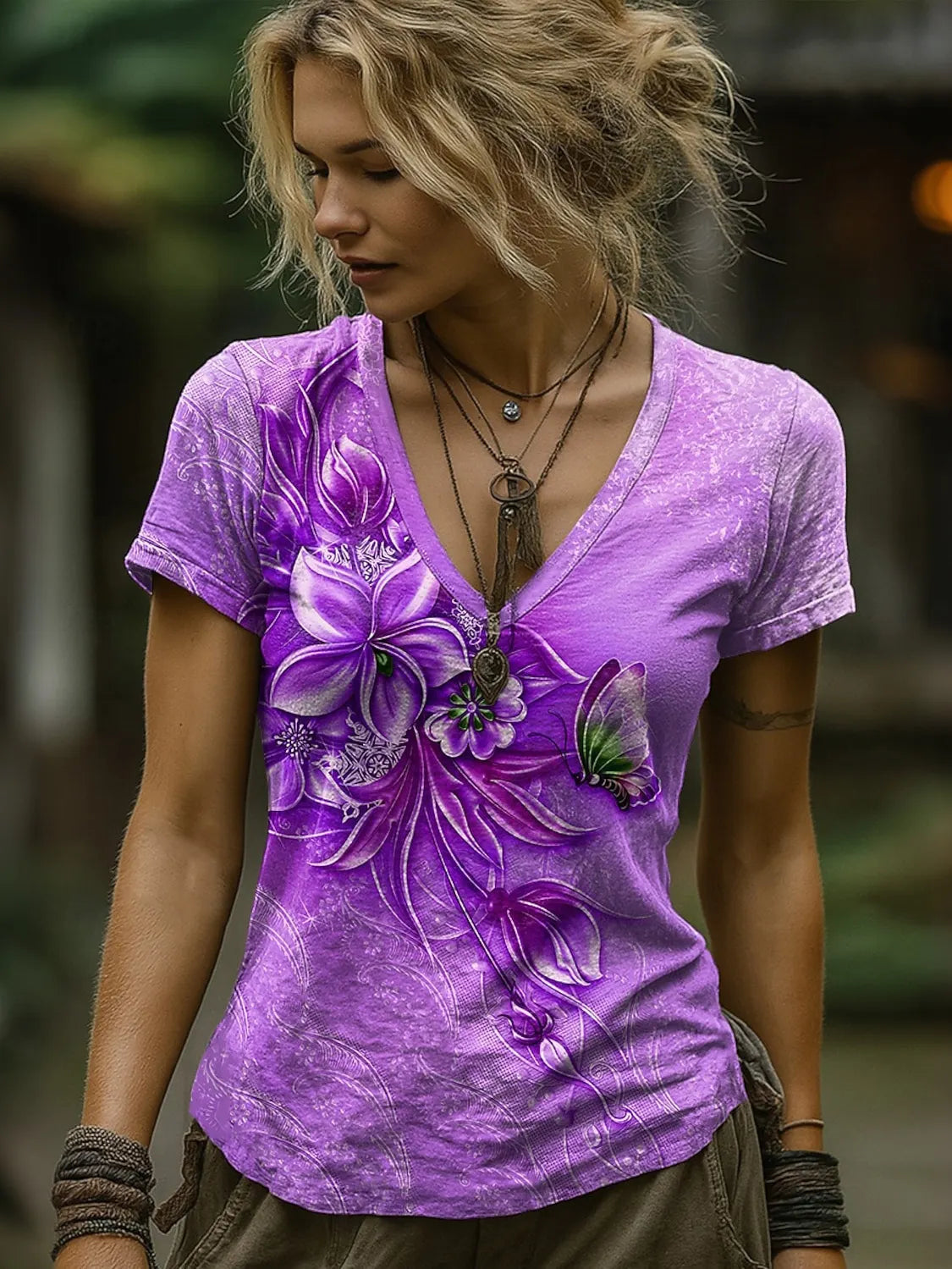 Women's Alzheimer's Awareness Support Pattern V Neck T-shirt
