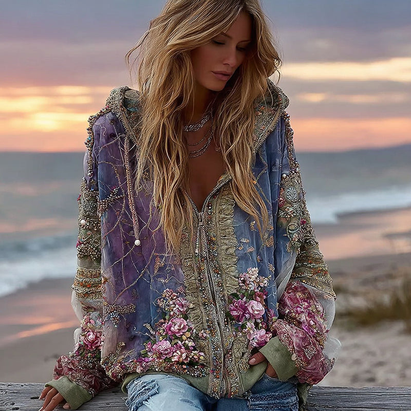 Women's Bohemian Geometric Floral Gradient Zip-up Hoodie