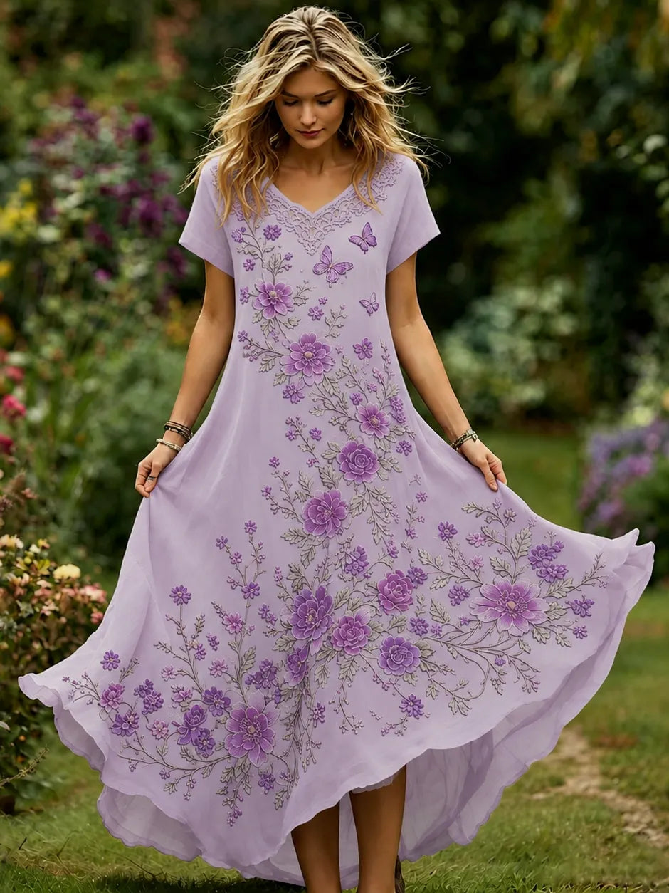 Women's Vintage Flowers And Butterflies Embroidered Art V-neck Flowy Maxi Dress