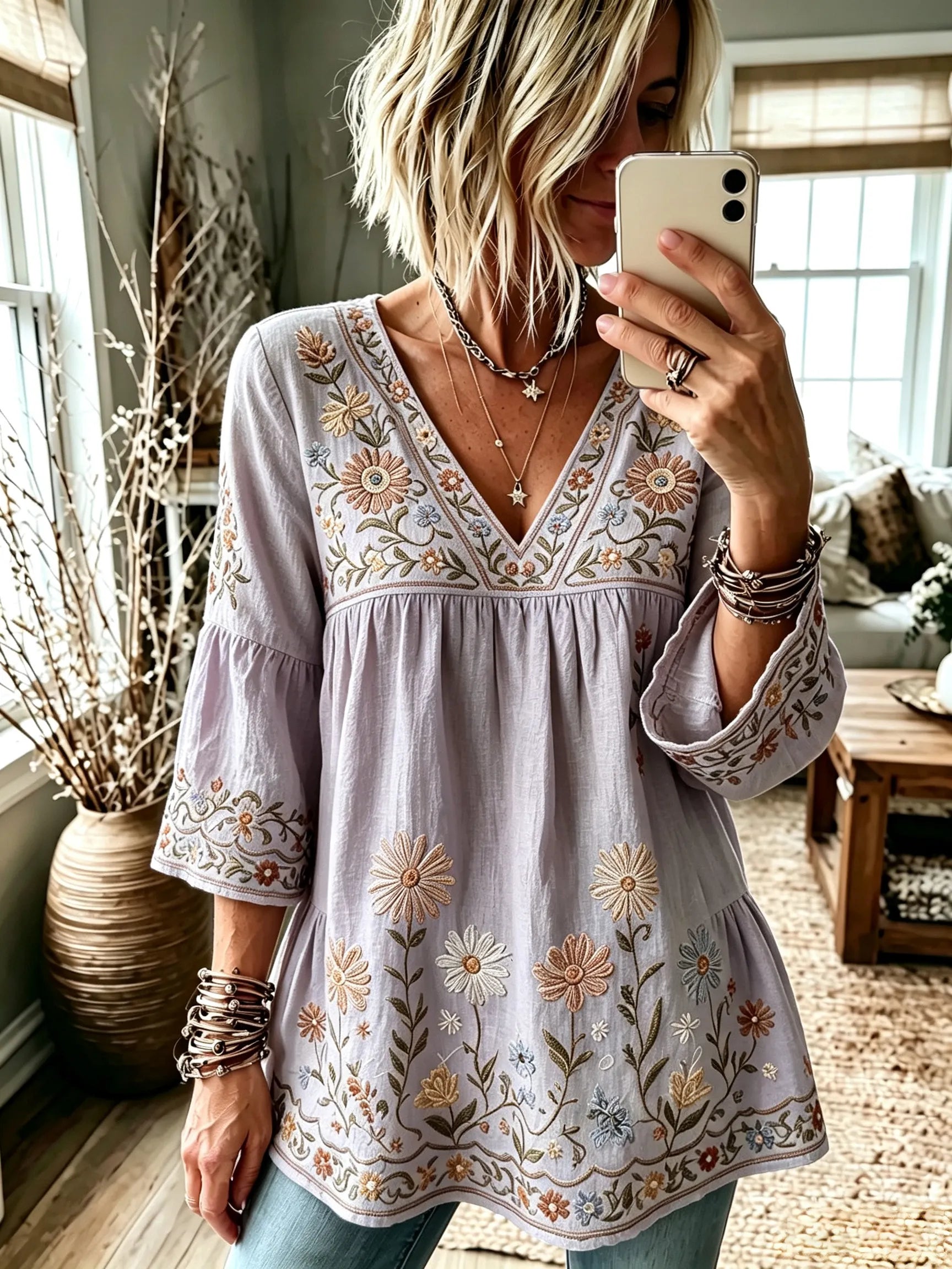 Women's Retro Hippie Floral And Dragonfly Art Flowy Linen Blend Three Quarter Sleeves T-shirt