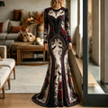 Women's Halloween Gothic Style Bat Red Rose Pattern Velvet Long Dress
