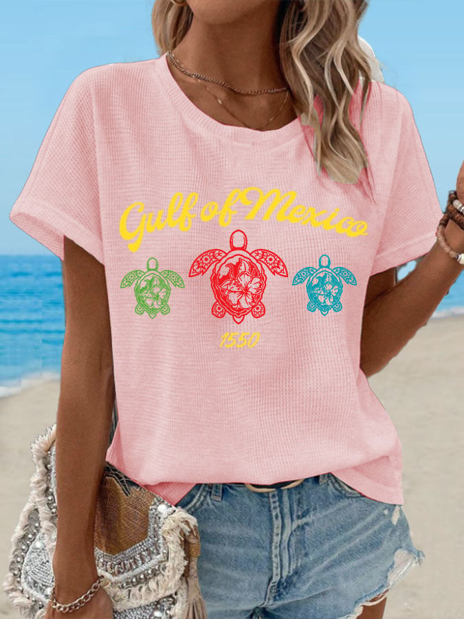 Women's Waffle Gulf Of Mexico Turtle Print T-Shirt