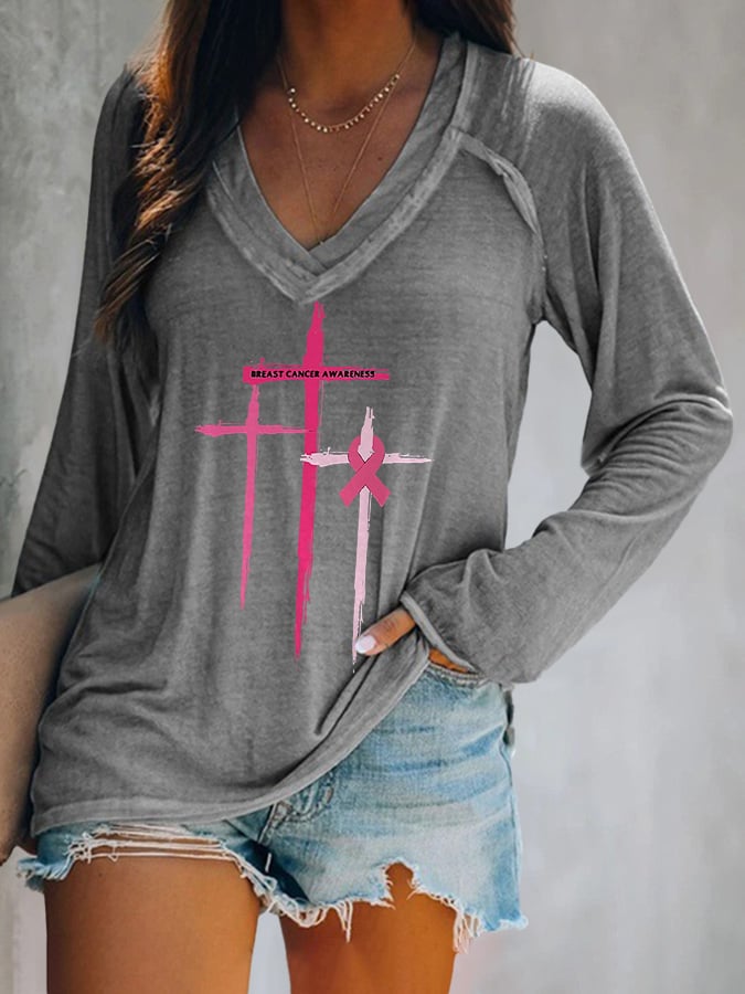 Women's Breast Cancer Awareness Print V-Neck Casual T-Shirt