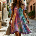 Women's Hippie Art Print Casual Linen Blend Midi Dress