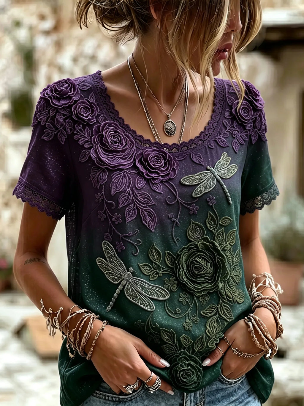 Women's Retro Purple Rose And Dragonfly Embroidery Pattern Casual Round Neck T-shirt