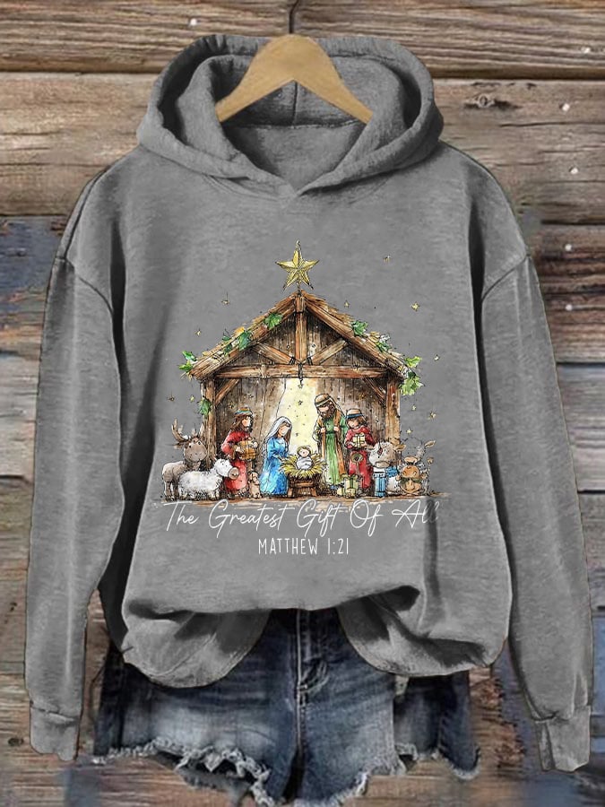Retro Christmas the greatest gift of all is Jesus Matthew 1:21 Print Hoodie