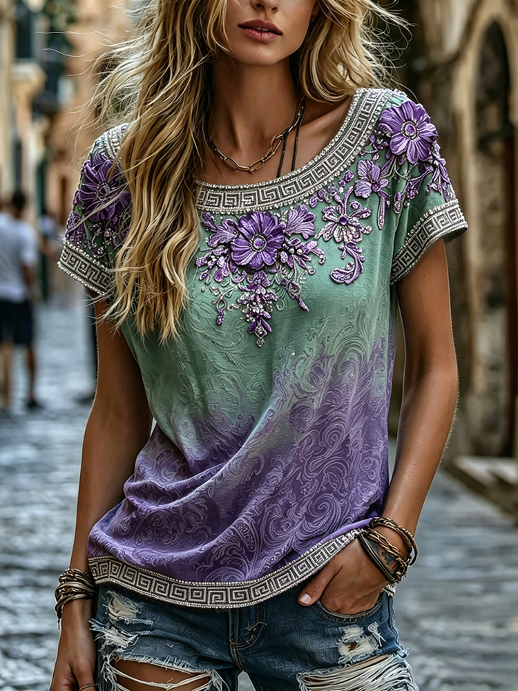 Classy Gradient Purple Lavender And Floral Art Linen Blend Loose Shirt