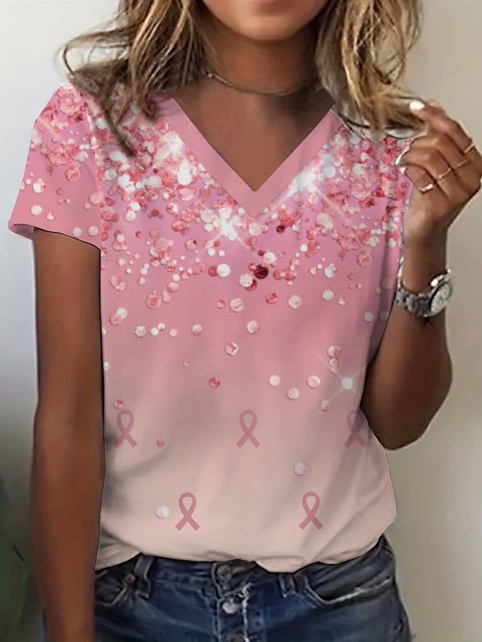 Women's Breast Cancer Print V-Neck T-Shirt