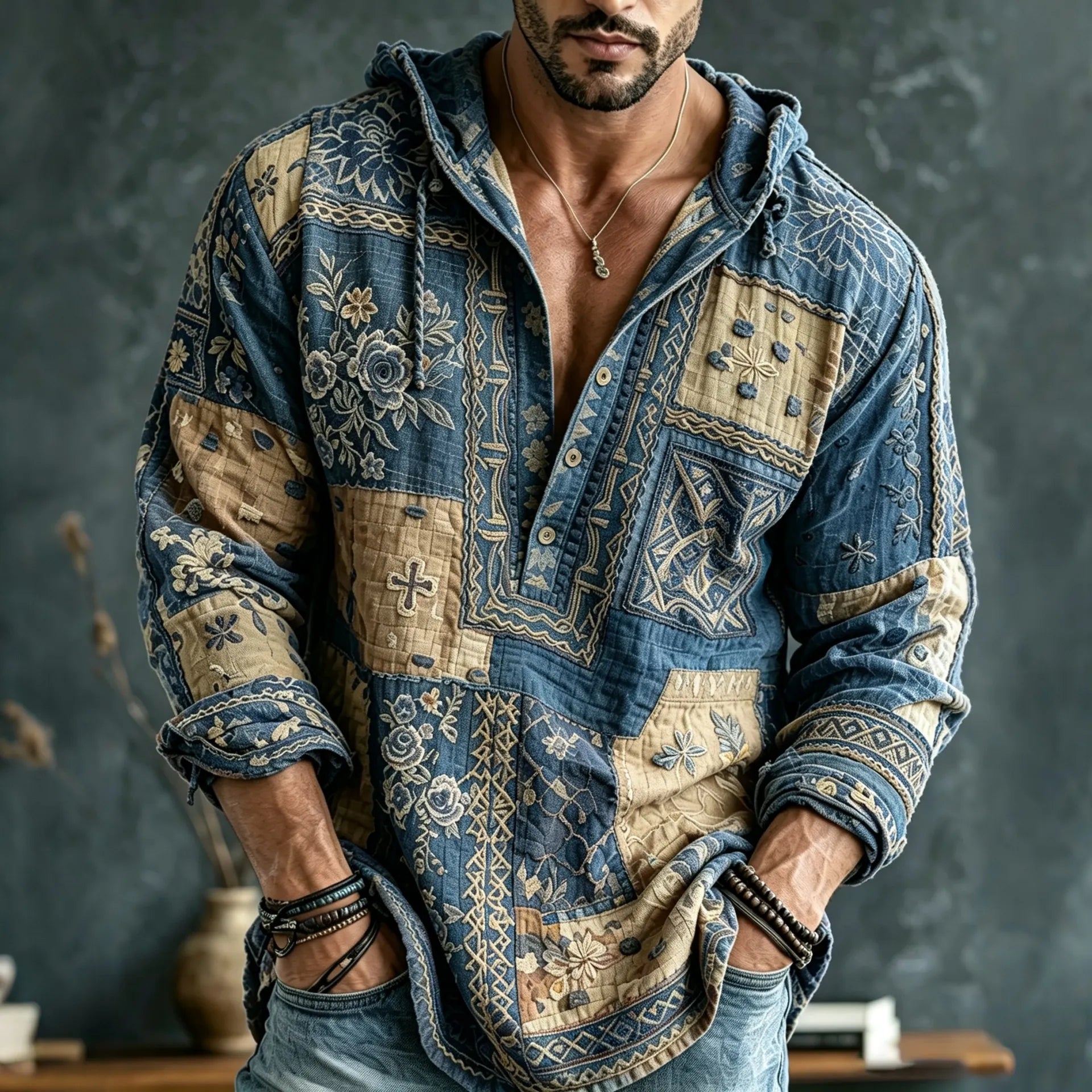 Men's Retro Floral  Patchwork Embroidered Art Print Flowy Linen Blend Casual  Hooded Shirt