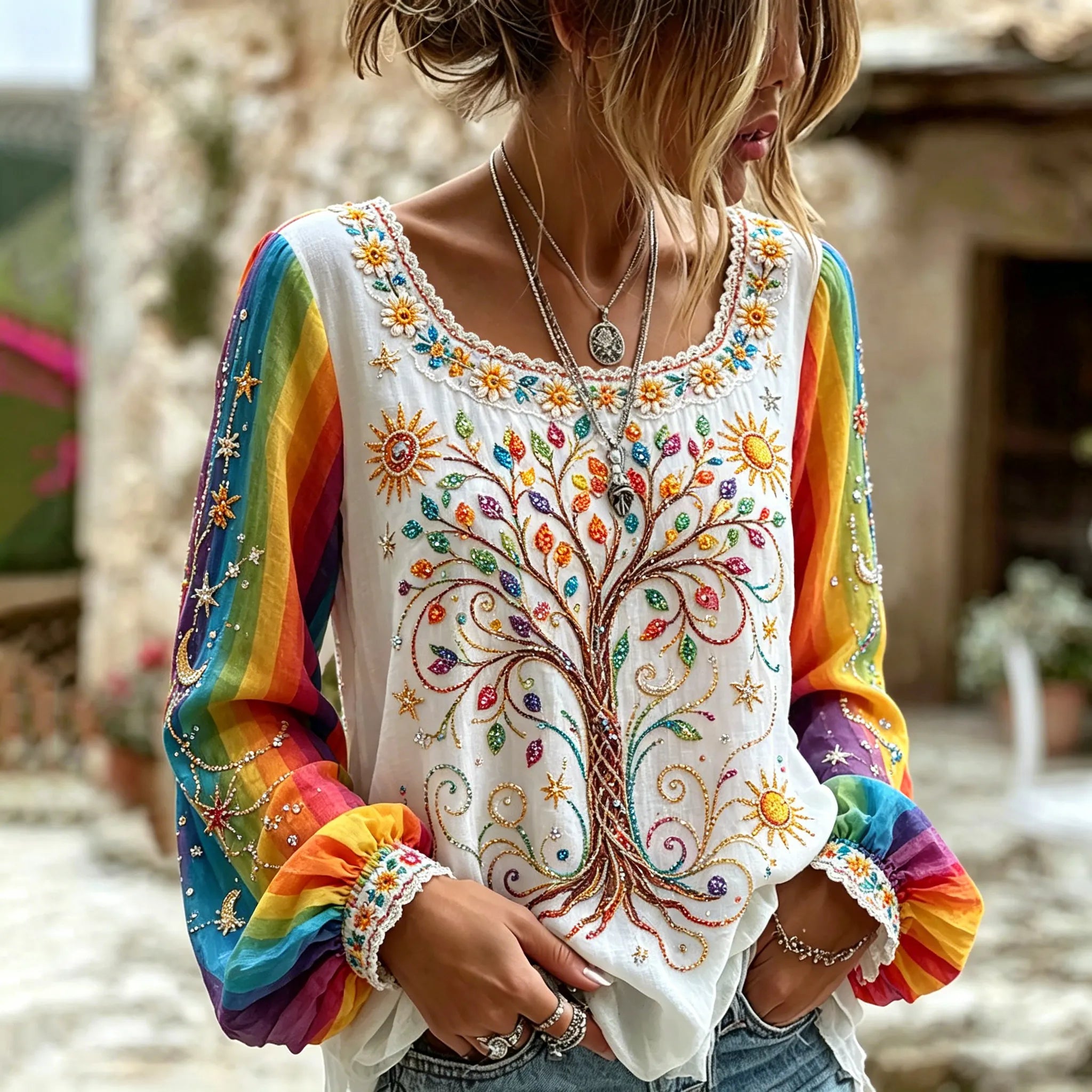 Women's Retro Colorful Tree Of Life Hippie Pattern Casual T-shirt