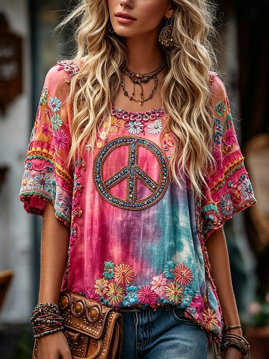 Women's Hippie Peace Floral Art Short Sleeve Linen T-shirt