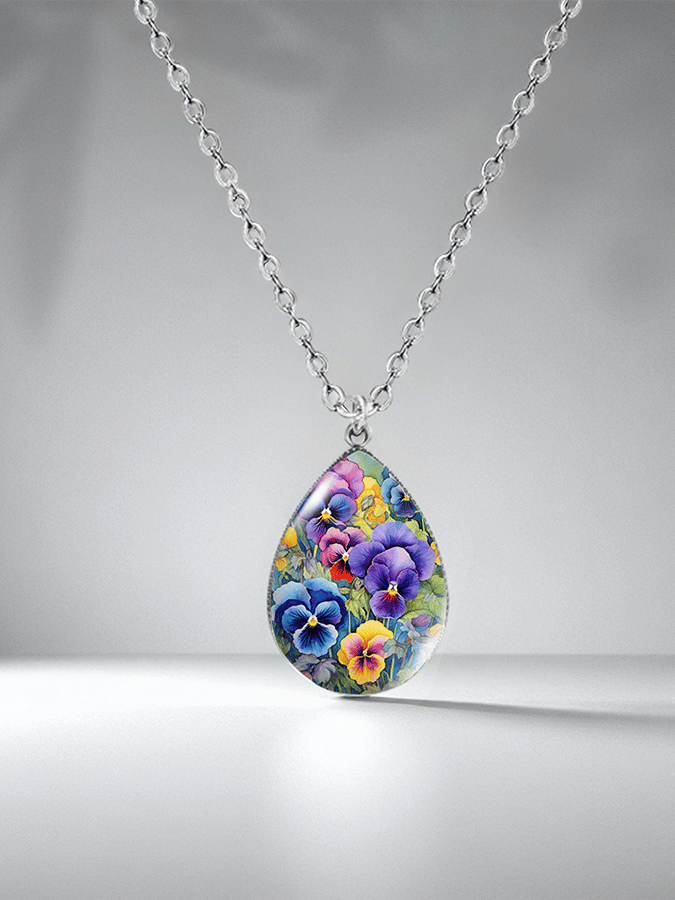 Purple Drop-Shaped Pansy Flower Design Necklace
