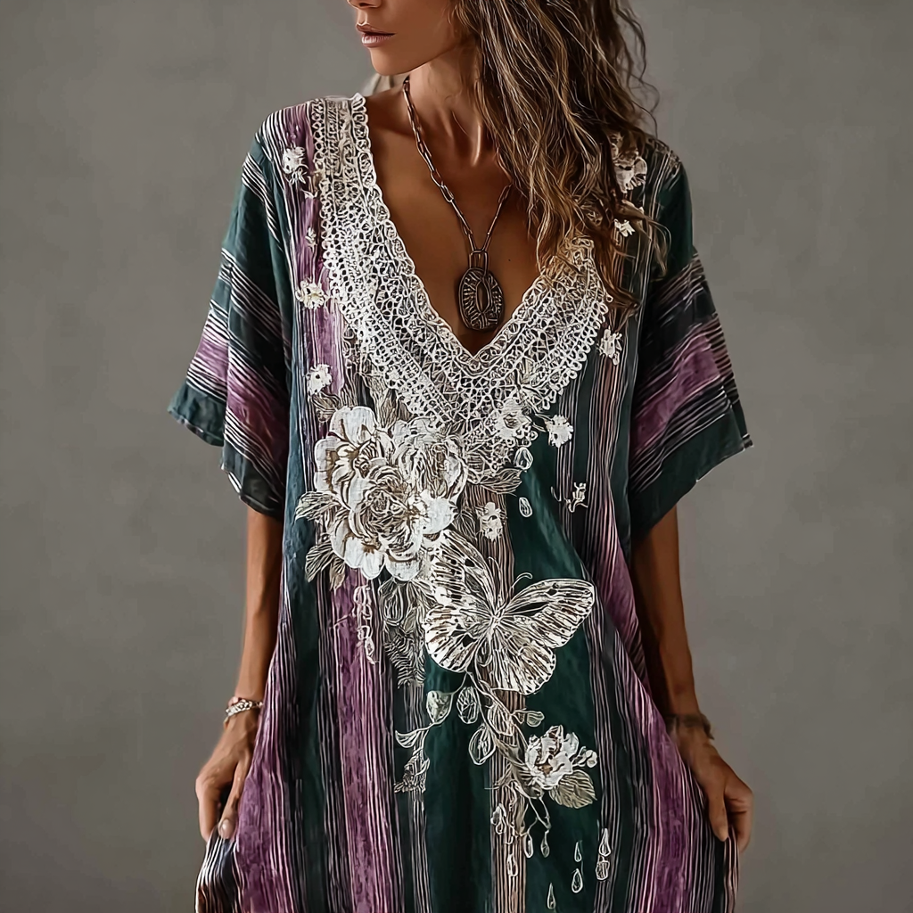 Butterfly Flower Lace Embroidery Patchwork Striped Design Women's Summer Linen Dress