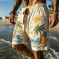 Men's Colorful Hippie Sun And Coconut Tree Pattern Casual Linen Blend Shorts