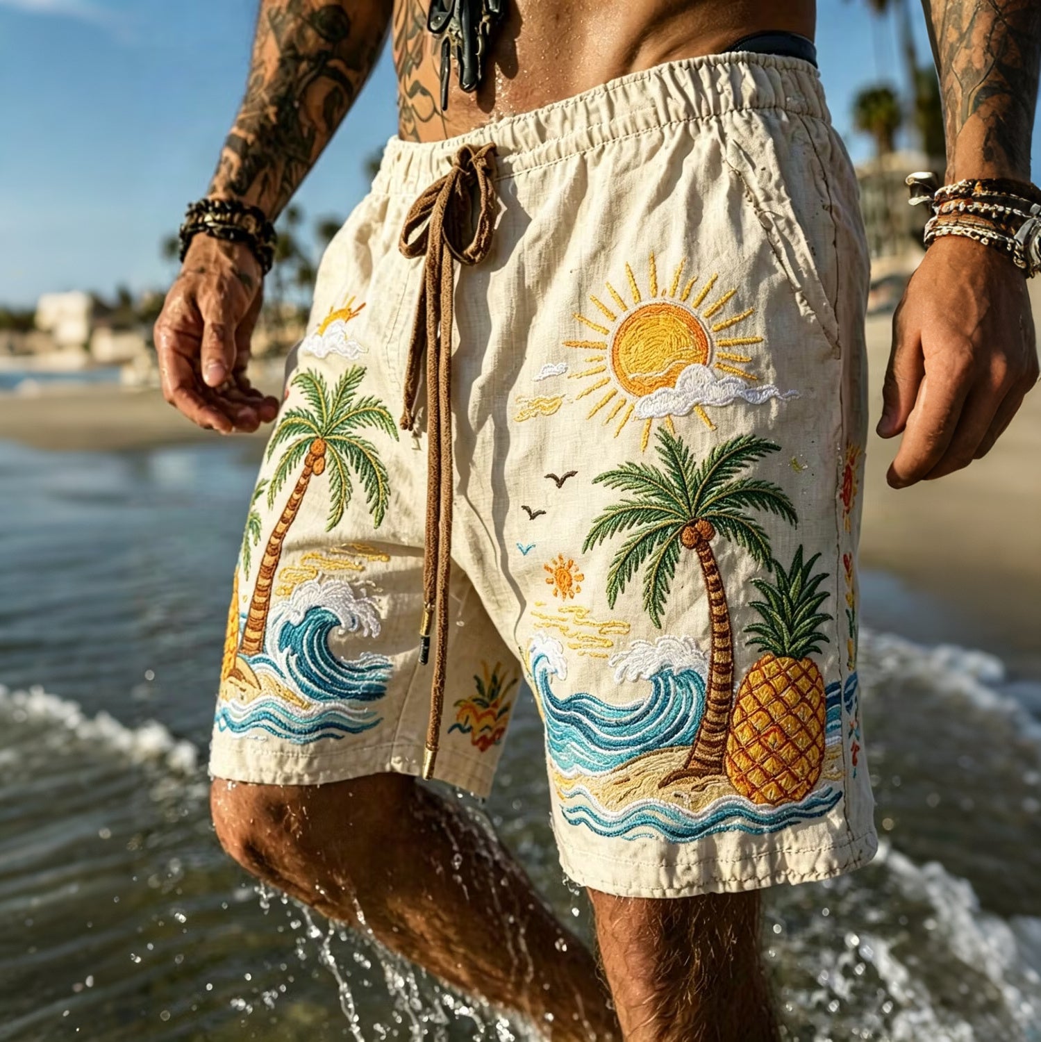 Men's Colorful Hippie Sun And Coconut Tree Pattern Casual Linen Blend Shorts