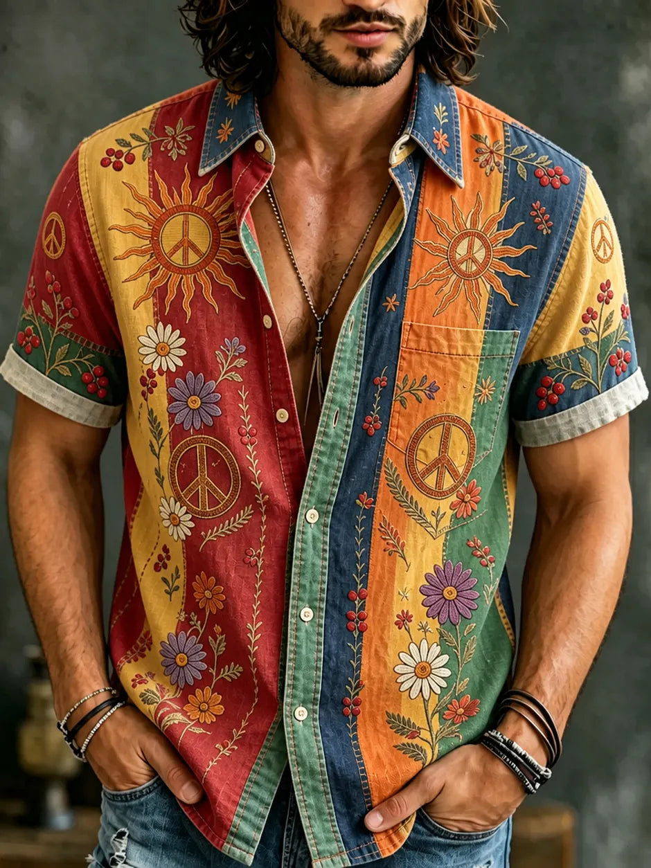 Men's Retro Hippie Floral Striped Color Block Print Cotton Linen Short-sleeve Shirt