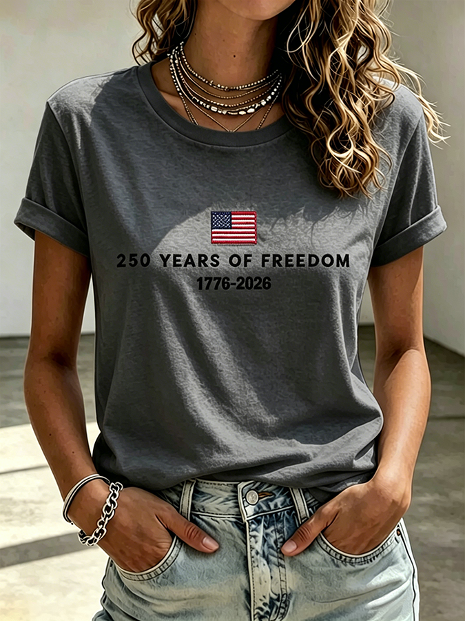 Ladies' Casual American 250Th Anniversary Embroidered Commemorative Round Neck Short Sleeved T-Shirt