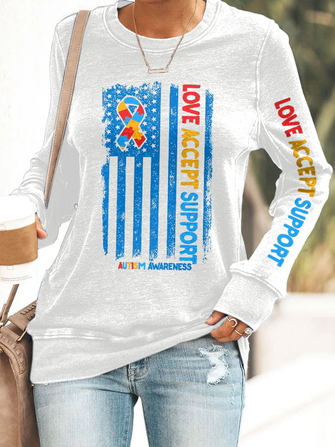Women'S Love Accept Support  Autism Awareness Print Long Sleeve Sweatshirt