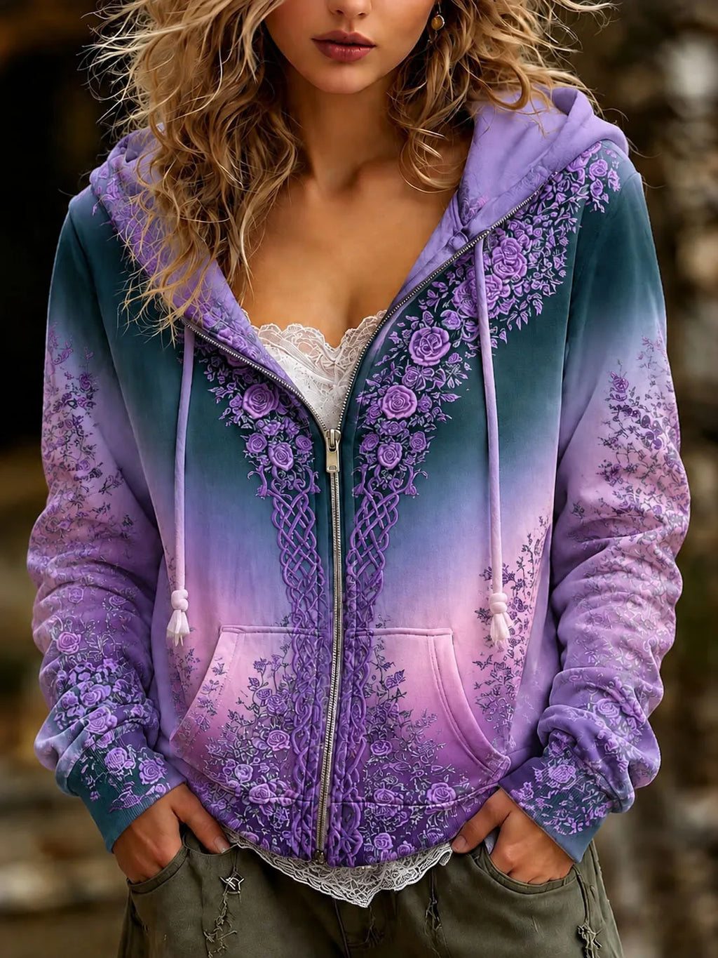 Women's Retro Bohemian Viking Floral Print Zipper Hooded